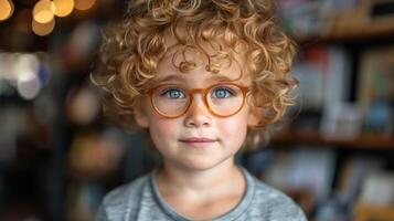 een jong jongen met gekruld haar- en bril staand foto