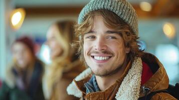 een Mens met een glimlach vervelend een hoed en jasje foto