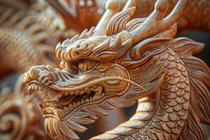 ingewikkeld gedetailleerd houten draak beeldhouwwerk. levensecht Kenmerken gevangen genomen in foto ai beeld