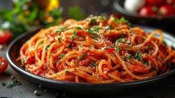 een bord van spaghetti bekroond met tomaat saus en peterselie foto