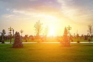 stad park in vroeg zomer of voorjaar met lantaarns, jong groen gazon, bomen en dramatisch bewolkt lucht Aan een zonsondergang of zonsopkomst. foto