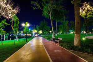 stad nacht park in vroeg zomer of voorjaar met stoep, lantaarns, jong groen gazon en bomen. foto