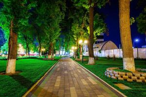 stad nacht park in vroeg zomer of voorjaar met stoep, lantaarns, jong groen gazon en bomen. foto