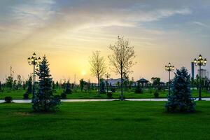 stad park in vroeg zomer of voorjaar met lantaarns, jong groen gazon, bomen en dramatisch bewolkt lucht Aan een zonsondergang of zonsopkomst. foto