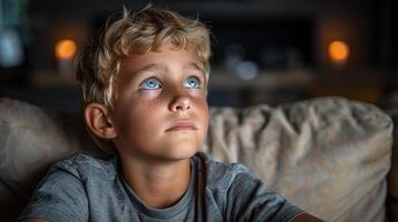 een jong jongen met blauw ogen is zittend Aan een bankstel foto
