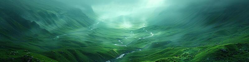 een schilderij beeltenis een vallei met een rivier- vloeiende door het foto