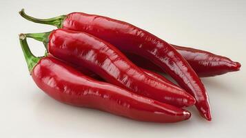 drie levendig rood Chili paprika's geregeld Aan een schoon, wit oppervlakte foto
