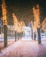 winter park Bij nacht met Kerstmis decoraties, gloeiend lantaarns, bestrating gedekt met sneeuw en bomen. wijnoogst film stijlvol. foto