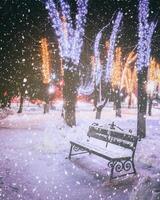 sneeuwval in een winter park Bij nacht met decoraties, gloeiend lantaarns, bestrating gedekt met sneeuw en bomen. wijnoogst film stijlvol. foto