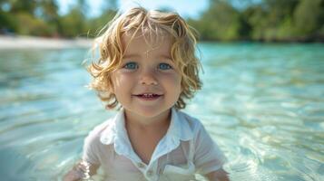 jong kind staand in Ondiep water buitenshuis foto