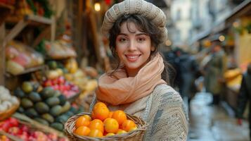 een vrouw staat in een markt, Holding een mand gevulde met sinaasappels foto