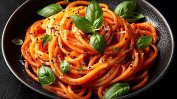 bord van spaghetti bekroond met vers basilicum bladeren en grond zwart peper foto