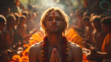 blond Mens in meditatie met traditioneel Indisch goudsbloem slinger gedurende een geestelijk ceremonie foto
