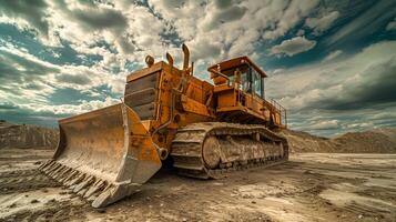 zwaar plicht bulldozer Aan een bouw plaats onder bewolkt lucht. foto