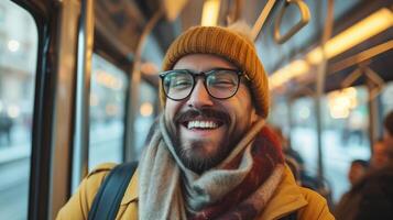 blij gebaard Mens met bril glimlachen Aan stad bus gedurende winter pendelen foto