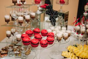 desserts met fruit, mousse, koekjes. verschillend types van zoet gebakjes, klein kleurrijk zoet taarten, macarons, en andere desserts in de zoet buffet. snoep bar voor verjaardag. foto