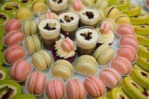 desserts met fruit, mousse, koekjes. verschillend types van zoet gebakjes, klein kleurrijk zoet taarten, macarons, en andere desserts in de zoet buffet. snoep bar voor verjaardag. foto