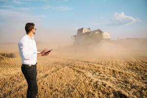 gelukkig boer in de veld- controle maïs planten gedurende een zonnig zomer dag, landbouw en voedsel productie concept foto