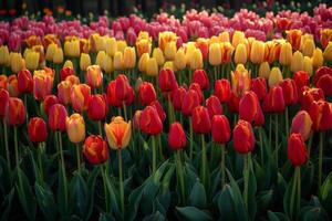 levendig tulp veld- Bij zonsondergang foto