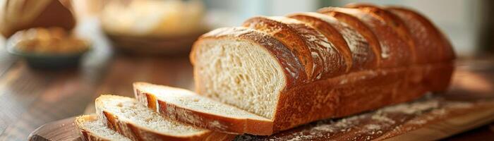 gouden brood van brood met een einde gesneden Aan een rustiek houten tafel met kruimels verspreide in de omgeving van foto