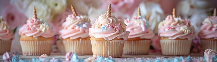 cupcakes met blauw en roze glimmertjes en hagelslag Aan top. de cupcakes zijn geregeld in een rij Aan een roze achtergrond foto