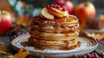 een stack van pannekoeken met appels Aan top en gepoederd suiker Aan de bord. de pannekoeken zijn opgestapeld hoog en kijken heerlijk foto