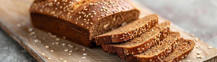 gesneden meergranen brood Aan houten bord foto