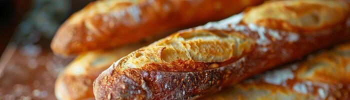 gouden Frans stokbrood besprenkeld met sesam zaden rust Aan een getextureerde oppervlak, uitstralend de warmte van een traditioneel bakkerij foto