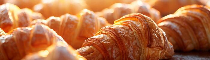 een serie van croissants koesteren in de gloed van de zonsopkomst, hun knapperig, gouden lagen verlichte en uitnodigend foto