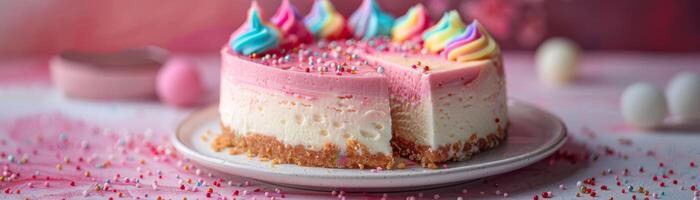een plak van roze, wit, en blauw taart met hagelslag Aan top foto