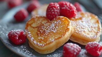 een bord van pannekoeken met een hart vorm Aan top en een stapel van frambozen Aan de kant foto