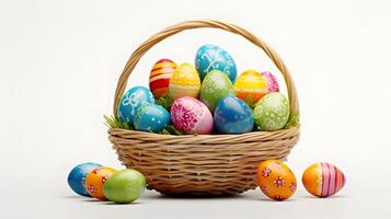 rieten mand met Pasen gekleurde eieren geïsoleerd Aan wit achtergrond foto
