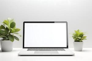 laptop wit blanco scherm mockup Aan de tafel Aan een wit achtergrond, voorkant visie foto