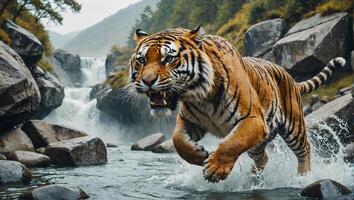 woest tijger springend in actie uit van rivier- stroom. wildleven vrij foto
