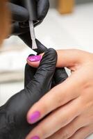 schilderij nagels van een vrouw. handen van manicure in zwart handschoenen toepassen roze nagel Pools Aan vrouw nagels in een schoonheid salon. foto