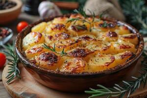 Frans tartiflette in de keuken tafel professioneel reclame voedsel fotografie foto