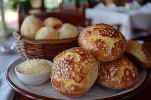 pao de queijo braziliaans kaas brood in de keuken tafel professioneel reclame voedsel fotografie foto