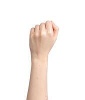 gebalde vuist omhoog, hand- gebaar geïsoleerd Aan wit achtergrond foto