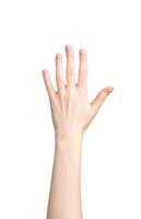 hand- omhoog, gebaar, vijf vingers geïsoleerd Aan wit achtergrond foto