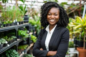 zwart bedrijf vrouw in een tuin centrum omringd door groen foto