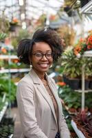 zwart bedrijf vrouw in een tuin centrum omringd door groen foto