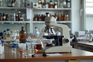 achtergrond beeld van divers uitrusting en microscoop Aan tafel in leeg laboratorium foto