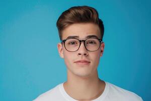 portret van een jong Mens met bril in een studio Aan een blauw achtergrond. foto