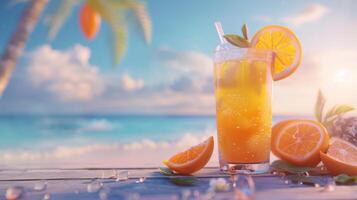 zomer drankjes met vervagen tropisch strand Aan houten tafel foto