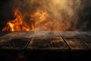 oud hout tafel met vlam effect Aan donker achtergrond. foto