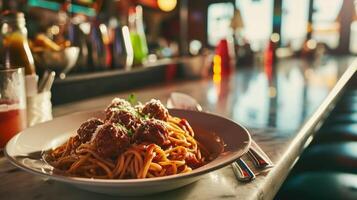 spaghetti met gehaktballen tegen een klassiek diner teller foto