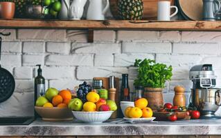 gemakkelijk keuken met vers fruit bemoedigend een gezondheidsgericht ochtend- routine- foto