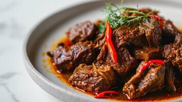 kant visie van een bord van rundvlees rendang tegen een wit backdrop foto