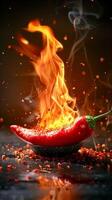 rood en heet Chili peper in vlammen Aan zwart achtergrond , foto