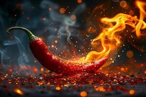rood en heet Chili peper in vlammen Aan zwart achtergrond , foto